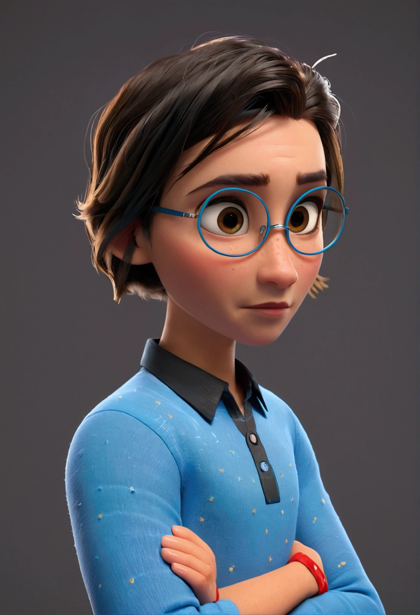Cartoon character of a man in black glasses and blue shirt, an animated character, stylized character, animation style rendering, 3d stylized, Arnold Maya rendering, Stylized 3D rendering, toon render screenshot, 3d character, 3d character, Stylized 3D rendering, 3D character rendering, cartoon character, Personagem de close up, character posing, (Pixar-style) (master part:1.2) (bokeh) (best qualityer) (skin detailed) (detailed texture) (8k) (Argilla) (cinematic lighting) (sharp focus，Sit down and lift your upper body