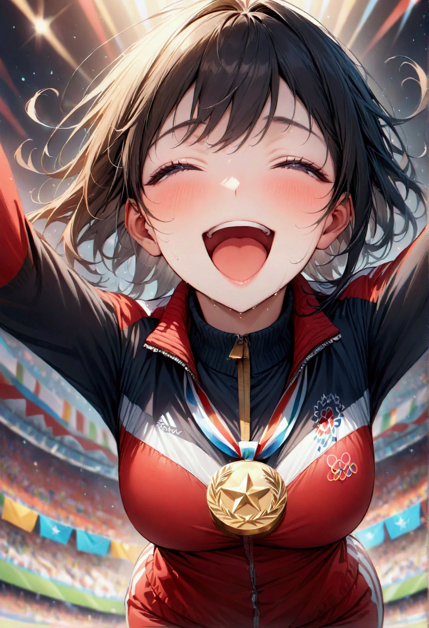 awards ceremony, showing the gold medal, open mouth, happy, (masterpiece:1.2), best quality, high quality, Highres, (hyper detailed), Olympic, athlete, track suit,