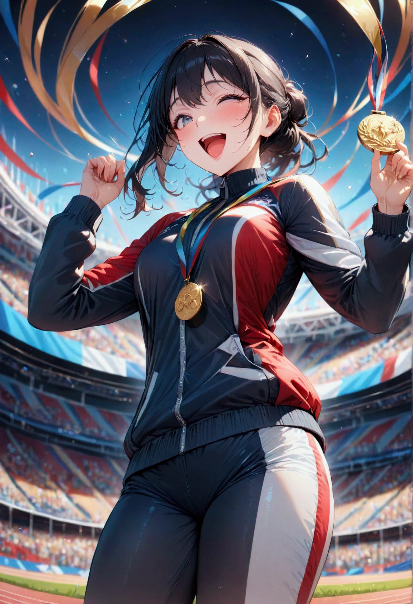 awards ceremony, showing the gold medal, open mouth, happy, (masterpiece:1.2), best quality, high quality, Highres, (hyper detailed), Olympic, athlete, track suit,