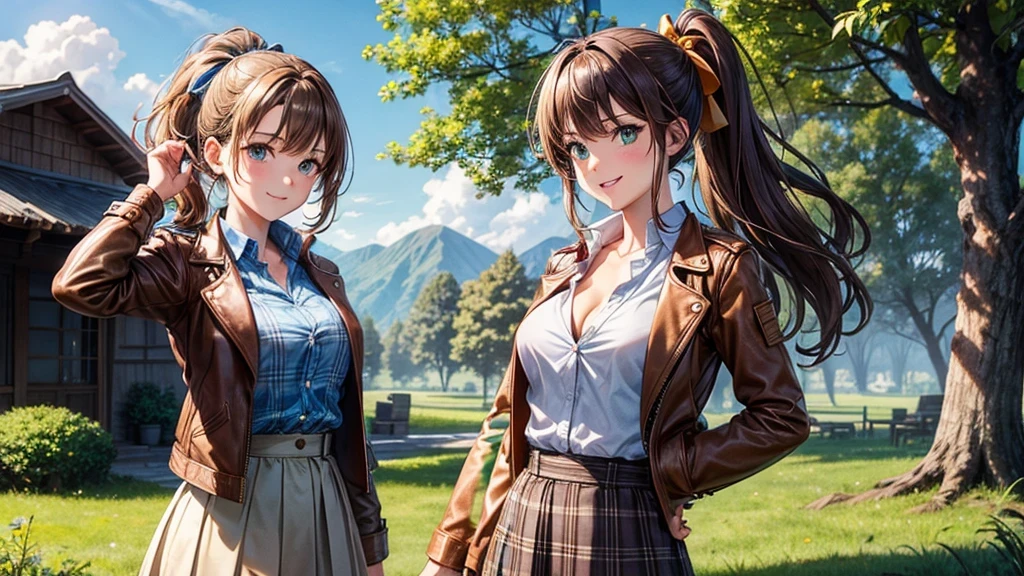 1girl, solo, village house, trees, sun, clouds, ((brown hair)), ponytail, large breasts, ((brown leather jacket)), button down shirt, ((blue checked shirt)), ((unbuttoned shirt)), unbuttoning buttons, cleavage 1:3, green eyes, long skirt, brown boots, smile, happy, looking at the viewer, standing, hair ribbon, golden necklate, wind