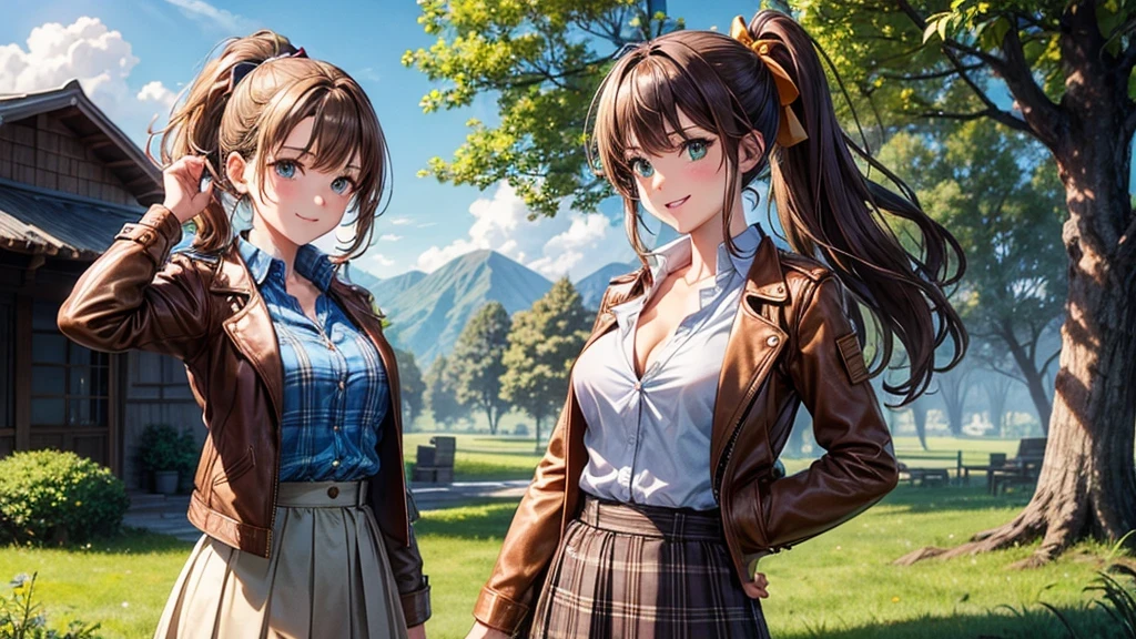 1girl, solo, village house, trees, sun, clouds, ((brown hair)), ponytail, large breasts, ((brown leather jacket)), button down shirt, ((blue checked shirt)), ((unbuttoned shirt)), unbuttoning buttons, cleavage 1:3, green eyes, long skirt, brown boots, smile, happy, looking at the viewer, standing, hair ribbon, golden necklate, wind