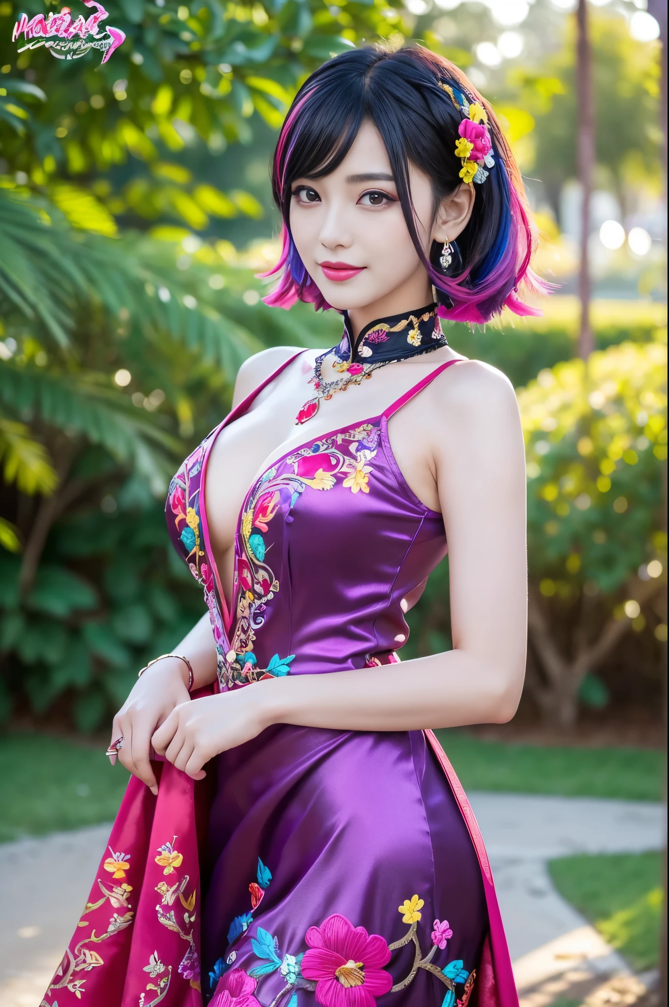 (masterpiece:1.4), (best quality:1.4), ultra high res, ultra high resolution, ((ultra detailed facial features)), HDR, (realistic, photorealistic, photo-realistic:1.37), full body Esbian, sexy Vietnamese model, (-anime), vivid colors, ((vivid colors multicolor (fuchsia, pink, light blue, purple) very short hair)), ((seductive smile)), ultra detailed metallic makeup, lip-gloss, long lashes, defined eyebrows, wearing large sparkling colorful jewelery, wearing a red silk Paradise Kiss cosplay dress with black floral embroidery, ((vivid colors outfit)), vivid colors, look at the camera, cinematic light, large park background with trees, sweet and sexy pose