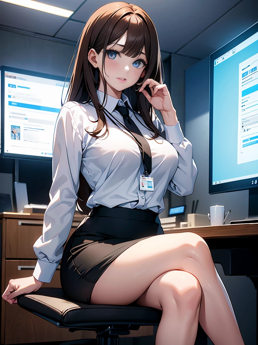 masterpiece、High resolution 8k、Browsing Caution、Sharp focus、Contrast lighting、Fine skin、Flying debris、 Highest quality、Ultra-high resolution、Ultra-high resolution、Detailed CG、stock exchange、Large office room、Lots of big monitors、Desk computer、transaction、document、stock、Chart Screen、Office Lady、Woman sitting on chair、open leg sitting pose,Panty Shot,Beautiful Eyes、(Detailed Faces and Faces:1 .2)、Narrow eyes、Almond Eye、Iris、Eye Gradation Eye Highlight:1.2)、(Light reddish brown hair、middle、Asymmetrical bangs)、(ID card、Shortage of office wear blazers、White dress shirt、Black Pencil Skirt、pumps)、(Fuller lips、gross、Glossy Lips、 size) 、(Oval Face : 1.4)、(Thin fingered arms、Detailed human hand)、Half-laugh、Teeth are visible