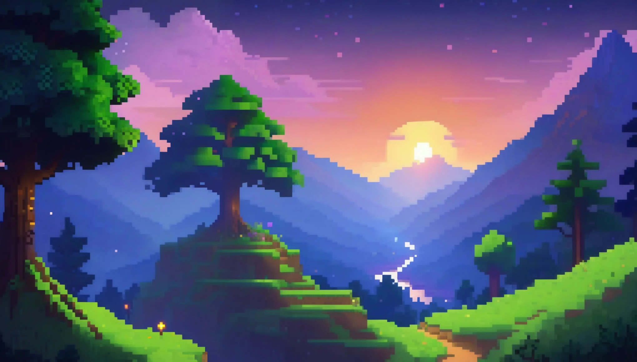 mountains, big magical trees, evening, twilight, sunset, fireflies, epic, mystical, pixel style like minecraft and stardew valley