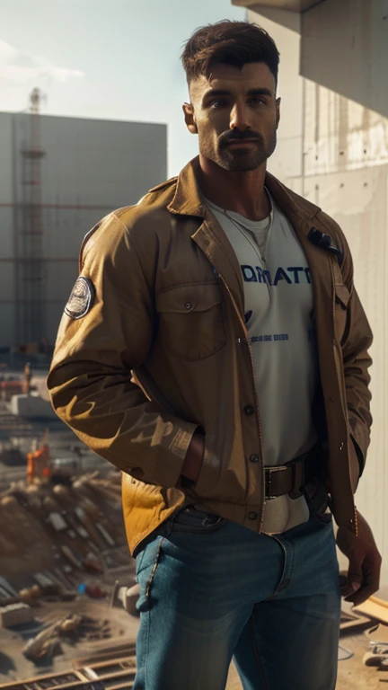 (a man:1.1) A Man weared construction worker jacket at construction site((Hight Quality))  (construction site), ((best quality,4k,8k,highres,].