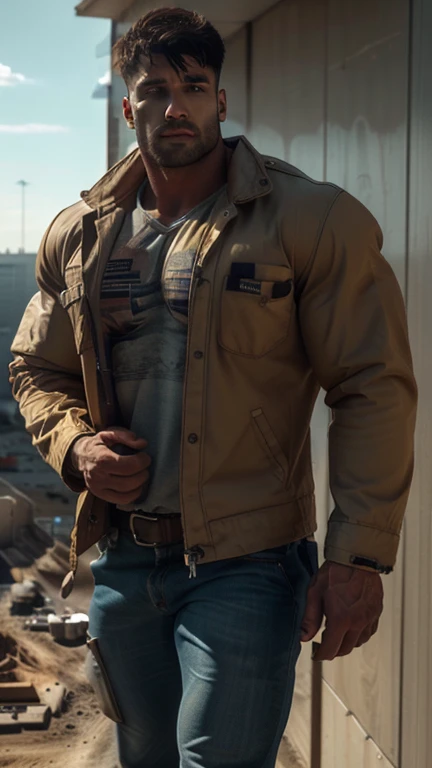 (a man:1.1) A Man weared construction worker jacket at construction site((Hight Quality))  (construction site), ((best quality,4k,8k,highres,].