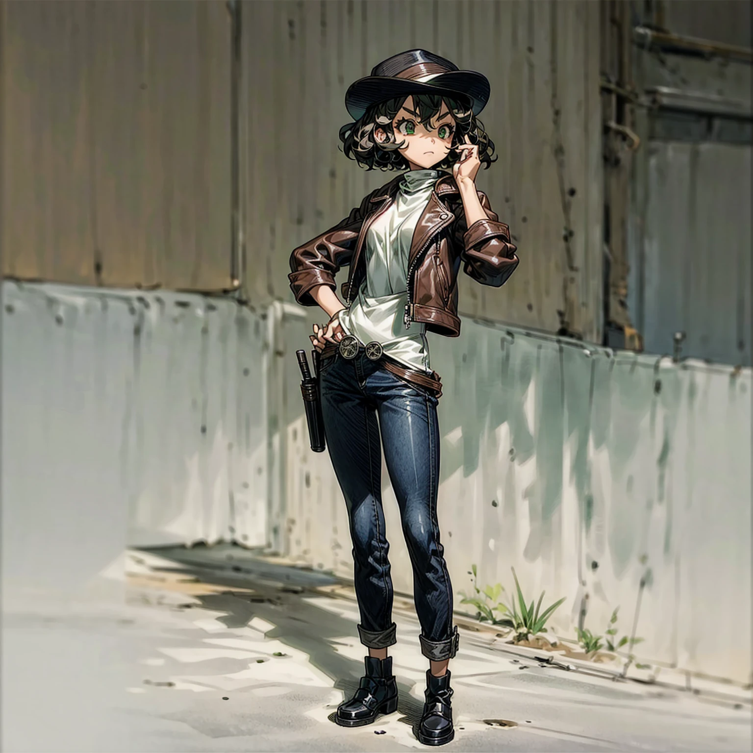 Solo, (??? girl), full body version, Grassroots, background in outdoor town, tan skin, black hair, short Curly haircut, green eyes, Brown leather jacket, long jeans, black shoes, hat Baretta, standing gesture, revolver in hand