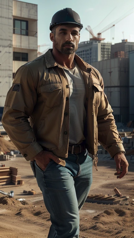 (a man:1.1) A Man weared construction worker jacket at construction site((Hight Quality))  (construction site), ((best quality,4k,8k,highres,].