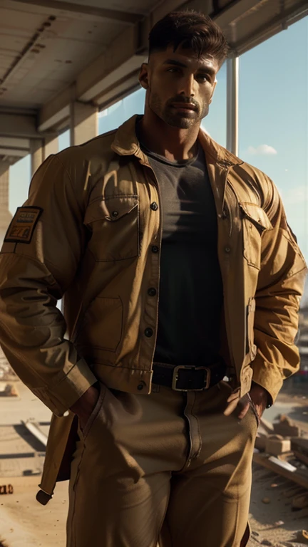 (a man:1.1) A Man weared construction worker jacket at construction site((Hight Quality))  (construction site), ((best quality,4k,8k,highres,].