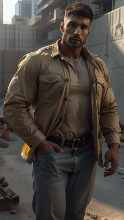 (a man:1.1) A Man weared construction worker jacket at construction site((Hight Quality))  (construction site), ((best quality,4k,8k,highres,].
