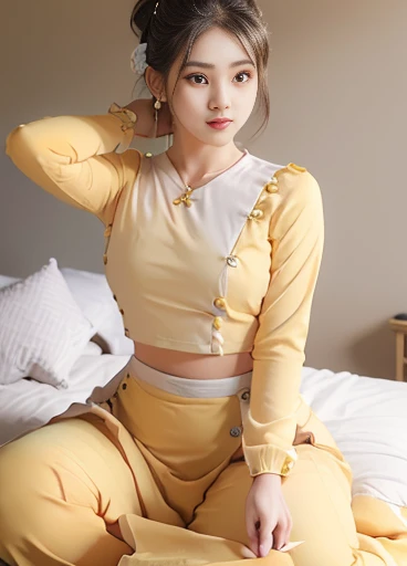 photorealistic, high resolution, masterpiec e best quality ultra-detailed, 1women. (m edium breast), hair bun, jesmine flower o n the head, mature female, solo, hips up, (wearing acmmsayarma outfit, acmmsaya rma (yellow top ) with buttons, long sleeves), ((acmmsayarma yellow long skirt)