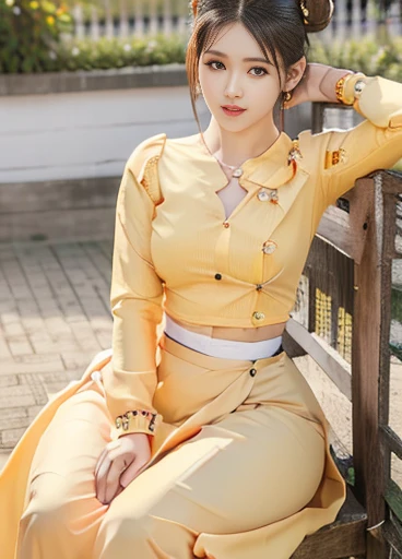 photorealistic, high resolution, masterpiec e best quality ultra-detailed, 1women. (m edium breast), hair bun, jesmine flower o n the head, mature female, solo, hips up, (wearing acmmsayarma outfit, acmmsaya rma (yellow top ) with buttons, long sleeves), ((acmmsayarma yellow long skirt)