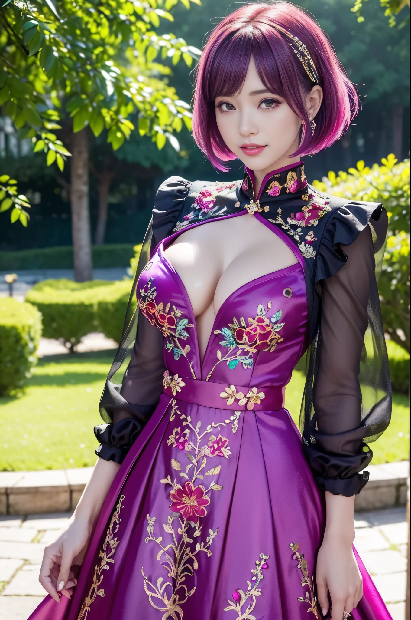 (masterpiece:1.4), (best quality:1.4), ultra high res, ultra high resolution, ((detailed facial features)), HDR, (realistic, photorealistic, photo-realistic:1.37), full body Esbian, sexy Vietnamese model, (-anime), vivid colors, ((vivid colors multicolor (pink, fuchsia, purple) very short hair)), (happy smile), lip-gloss, long lashes, ultra detailed metallic makeup, defined eyebrows, wearing large sparkling colorful jewelery, wearing a red silk Paradise Kiss cosplay dress with black floral embroidery, ((vivid colors outfit)), vivid colors, look at the camera, cinematic light, large park background with trees, sweet and sexy pose