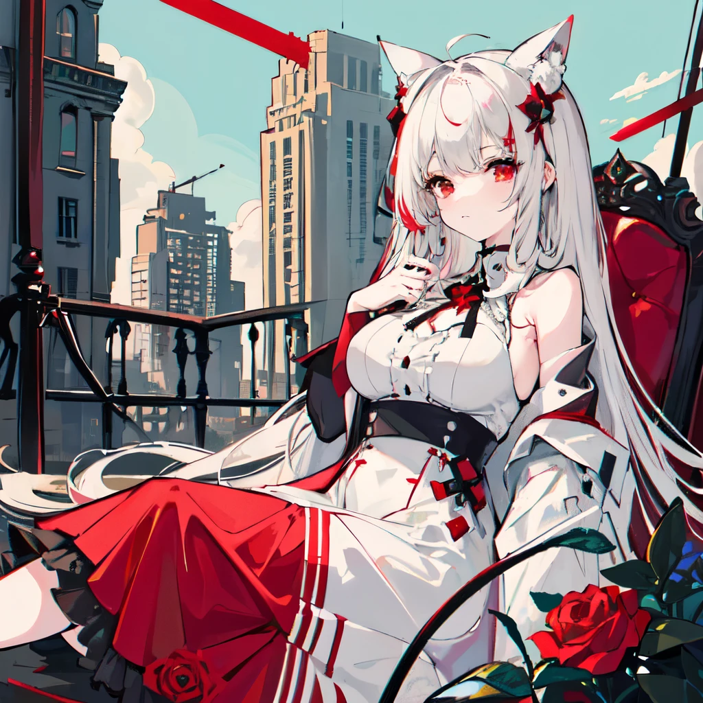 A girl, Solitary, ((Large target: 1.4)), ((there is nothing)), ((masterpiece)), ((best quality)), (Very detailed)), Large target_File size, Rich colors, Detailed background, Long white hair, Red Eyes, (Eyeliner), Crumbled ruins, Cyber Gothic, Red, sit, Transparent dress, light, ruins, ruins, night, Rose, ruins