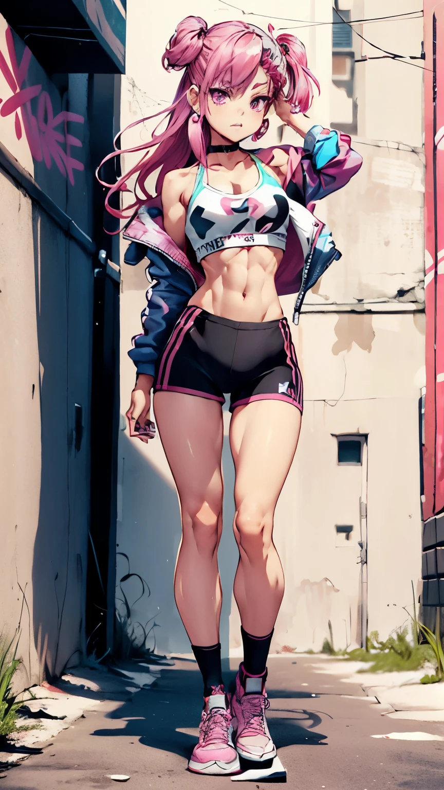 ((medium breath)),long hair, pink hair, red head ornament, pink highlights, hair over one eye,purple eyes, earrings, sharp eyes, choker, neon shirt, open jacket, crop top, (symmetry eyes),(perfect symmetrical body),against wall, brick wall, graffiti, dim lighting, alley ,look at viewer, woman at a gym, cute, front Pose, fitness girl, standing, erect Pose, symetrical, fitness model, skinny, Red sneakers, best qualityer, relaxed arms, hands down, ankle, fullbody view, stand straight with your back upright. Keep your shoulders back and maintain a straight line from your head to your feet.