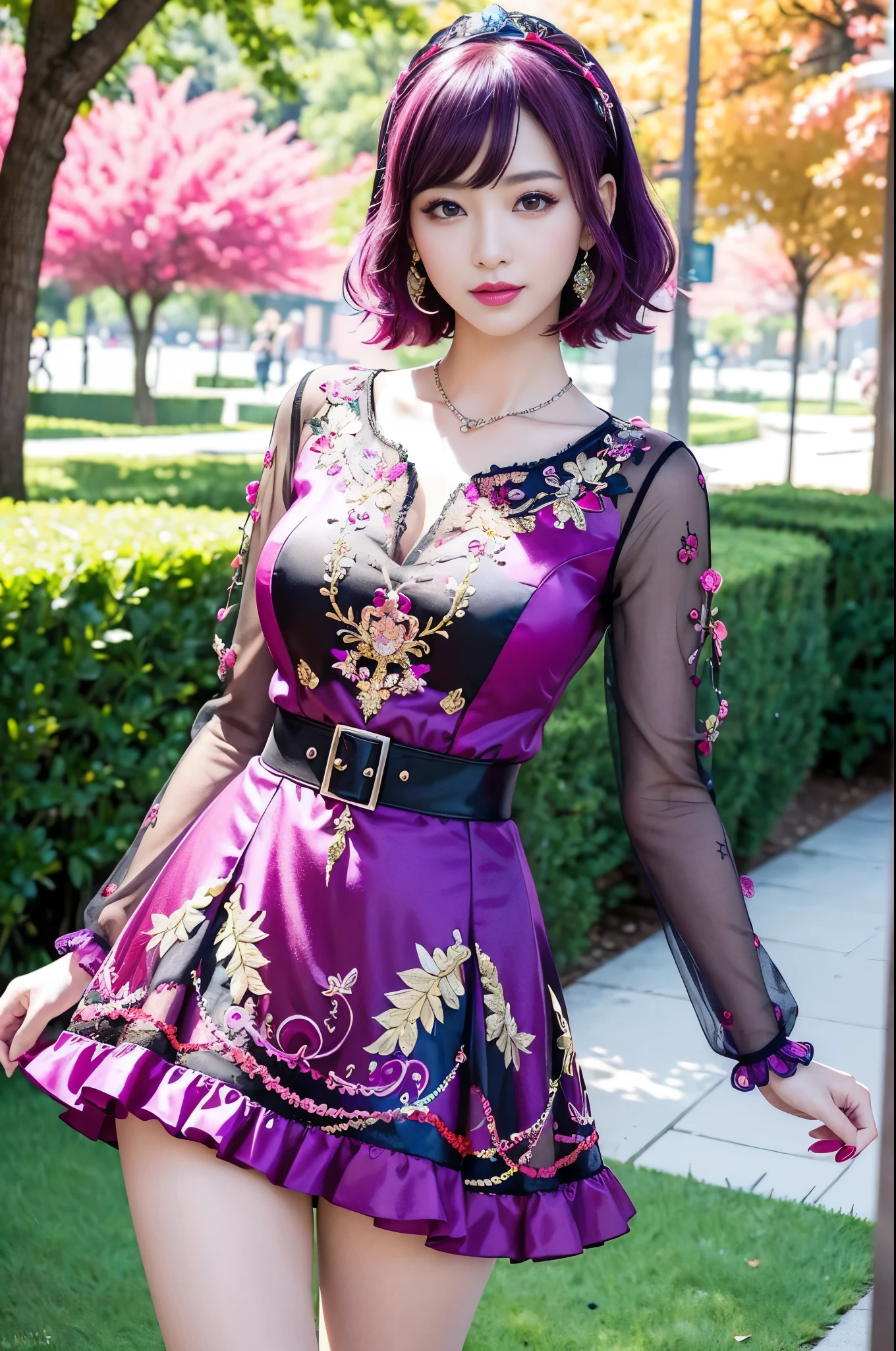 (masterpiece:1.4), (best quality:1.4), ultra high res, ultra high resolution, ((detailed facial features)), HDR, (realistic, photorealistic, photo-realistic:1.37), full body Esbian, sexy Vietnamese model, (-anime), vivid colors, ((vivid colors multicolor (pink, fuchsia, purple) very short hair)), (happy smile), lip-gloss, long lashes, ultra detailed metallic makeup, defined eyebrows, wearing large sparkling colorful jewelery, wearing a red silk Paradise Kiss cosplay dress with black floral embroidery, ((vivid colors outfit)), vivid colors, look at the camera, cinematic light, large park background with trees, sweet and sexy pose