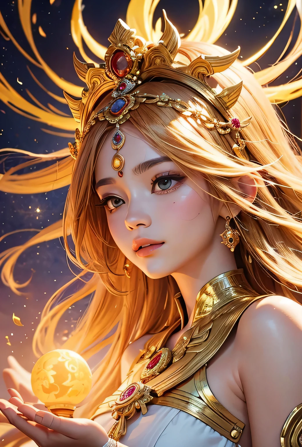 "Child of the Sun, Goddess of Love": Within a sacred sanctuary bathed in sunlight, depict the figure of a sun goddess who governs love, facing forward and emanating divine radiance. She is a , around 3 years old. Zoom in to focus on her face, with a gleaming orb of light in her hands, representing the life-giving power of the sun. Her hair is shimmering gold, and she is wearing a traditional miko outfit as seen in Japanese shrines. The background should be predominantly gold, evoking a sense of divine splendor, with numerous heart-themed objects expressing the beauty of love. The setting is in heaven, enveloped in soft, bright light, where one can find tranquility and peace of mind, free from any trace of anxiety.Straight-on.
