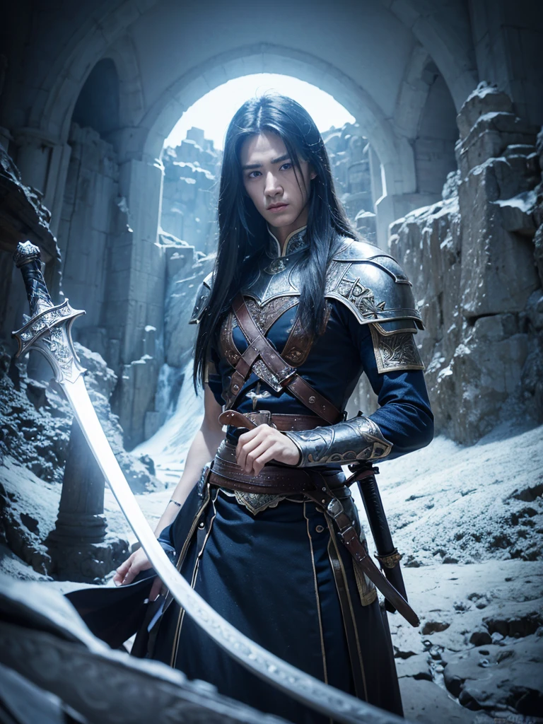 a close up of realism a man holding a sword in front of big font, the letter W in behind, looking at viewer, anime wallaper, sword and wand – water, official fanart, by Victor Wang, 4 k detail fantasy, hd anime wallaper, wallpaper 4 k, wallpaper 4k, avatar image, alice x. zhang, 4 k hd wallpaper very detailed, hyperrealistic, epic fantasy style
