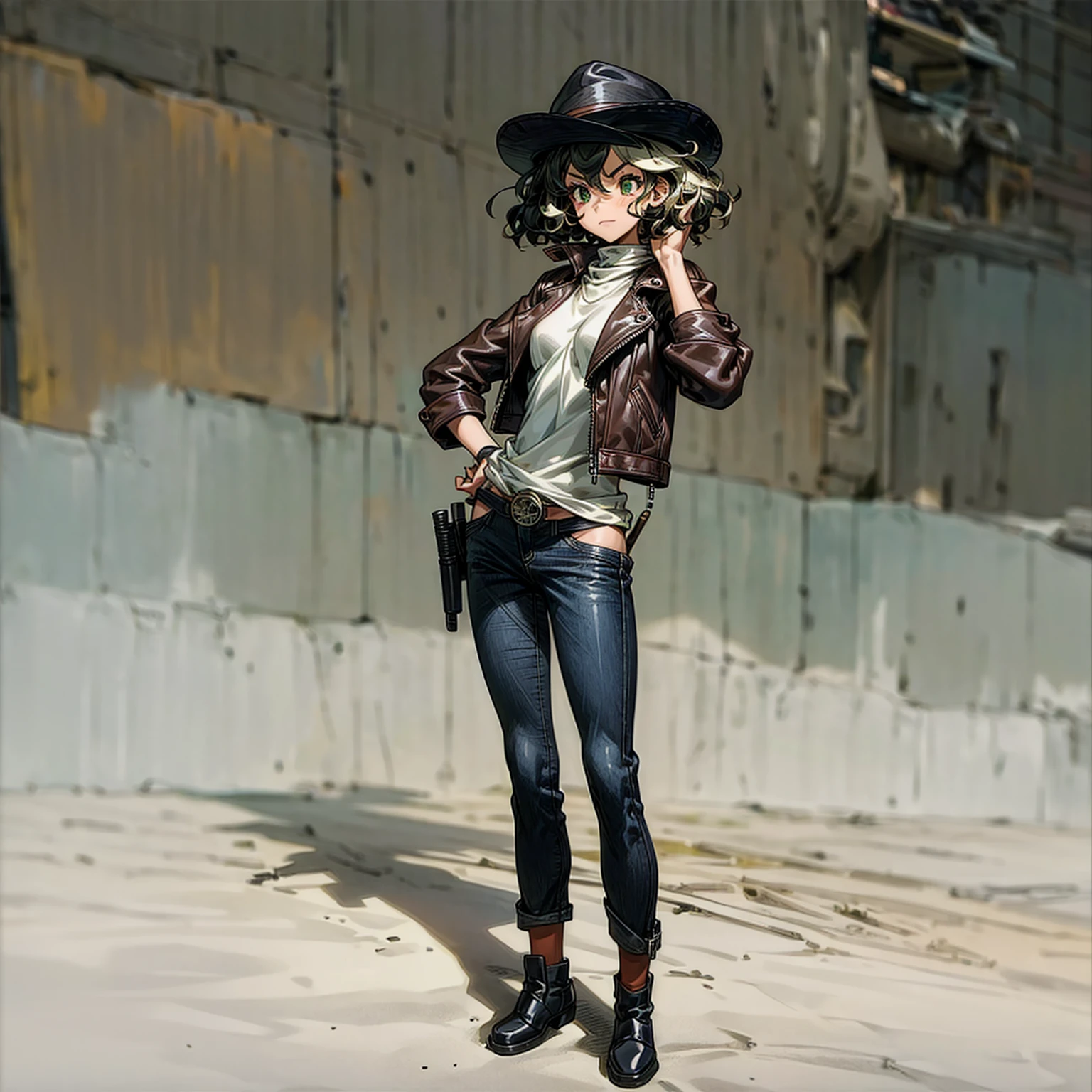 Solo, (??? girl), full body version, Grassroots, background in outdoor town, tan skin, black hair, short Curly haircut, green eyes, Brown leather jacket, long jeans, black shoes, hat Baretta, standing gesture, revolver in hand 
