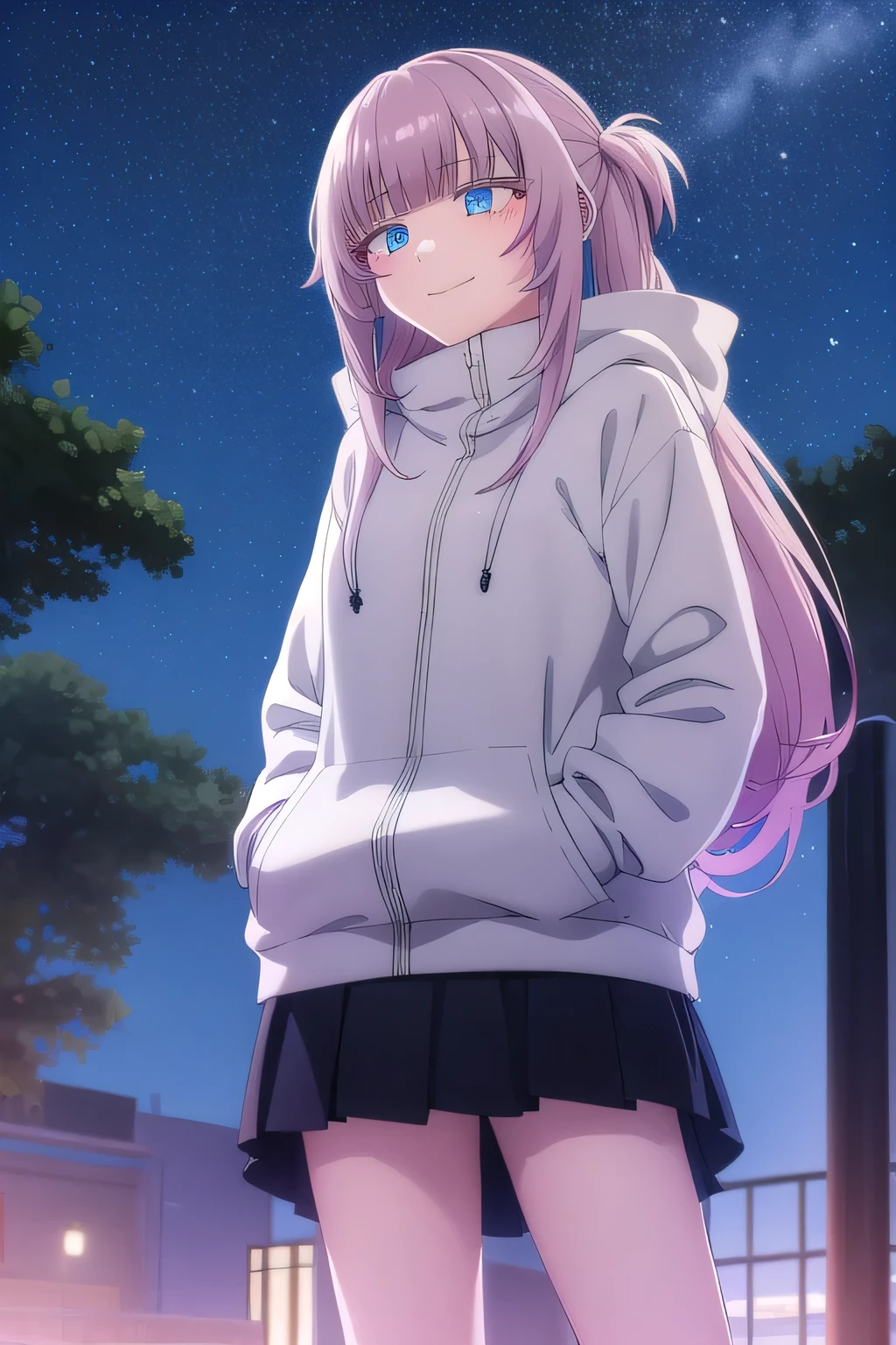 Seven grass chestnuts, girl, Shut up, Smile, pink hair, long hair, Qi bangs, blue eyes,White sweatshirt, hood, Hands in pockets, Thigh clearance, outdoor, City, night, Starry Sky, JK skirt