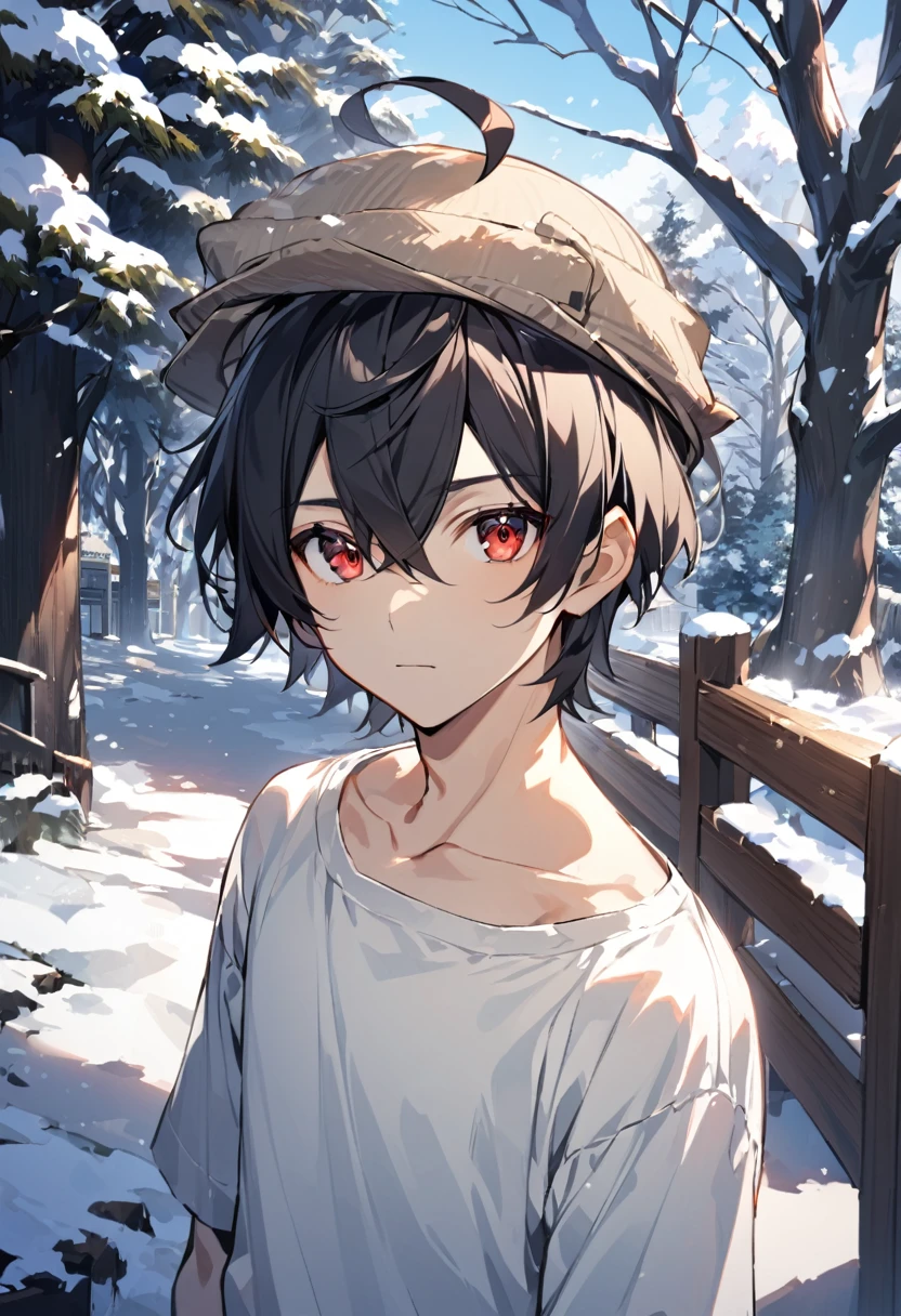 alone, looking at viewer, short hair, bangs, shirt, black hair, red eyes, 1boy, hair between eyes, spaghetti shirt, hat on head, closed mouth, collarbone, upper body, ahoge, male focus, around outdoor, day, tree, winter,