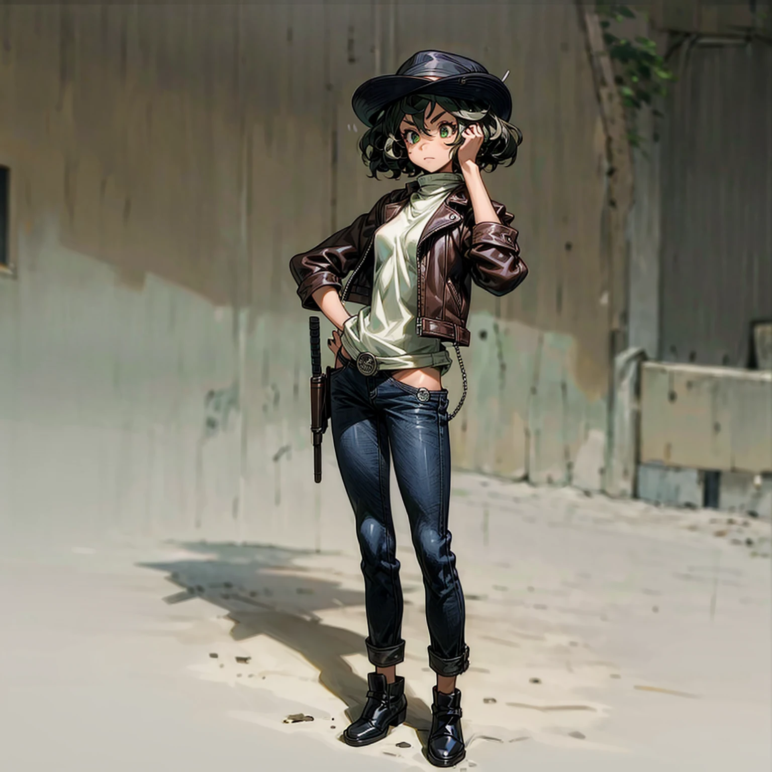 Solo, (), full body version, Grassroots, background in outdoor town, tan skin, black hair, short Curly haircut, green eyes, Brown leather jacket, long jeans, black shoes, hat Baretta, standing gesture, revolver in hand 