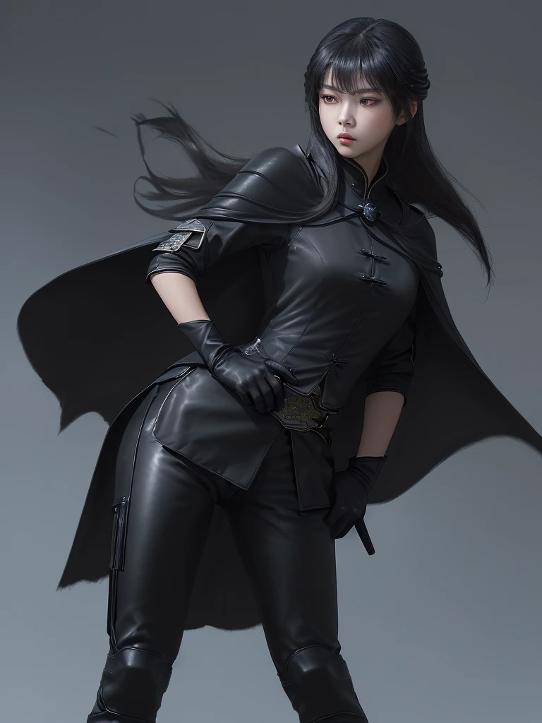 (work of art, best qualityer:1.2), from low, standing alone, 1 girl, Cao Cao, unexpressive, cloused mouth, looking ahead at viewer, hands on hips, Black jacke, cape, black pants, black gloves