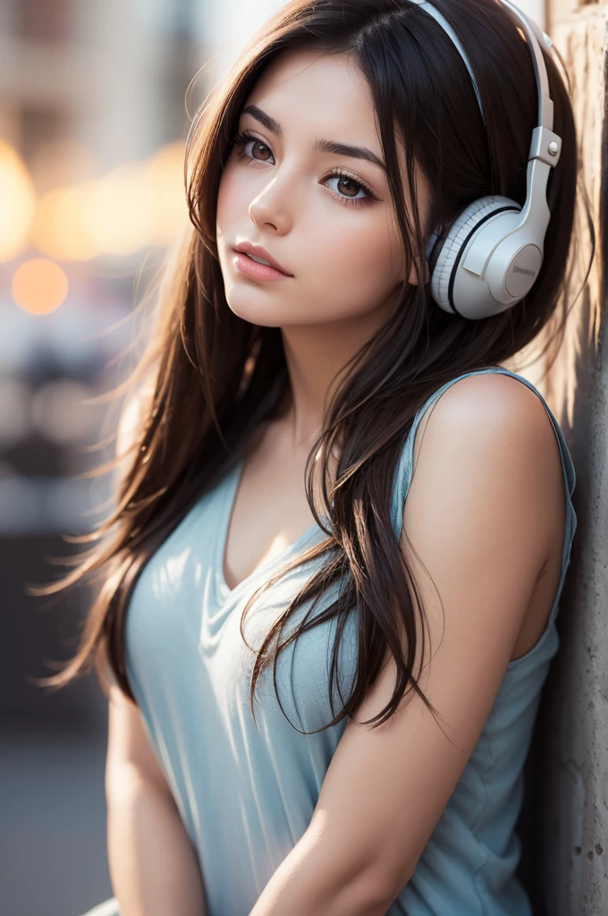 Create an image of a beautiful brunette listening to music 
