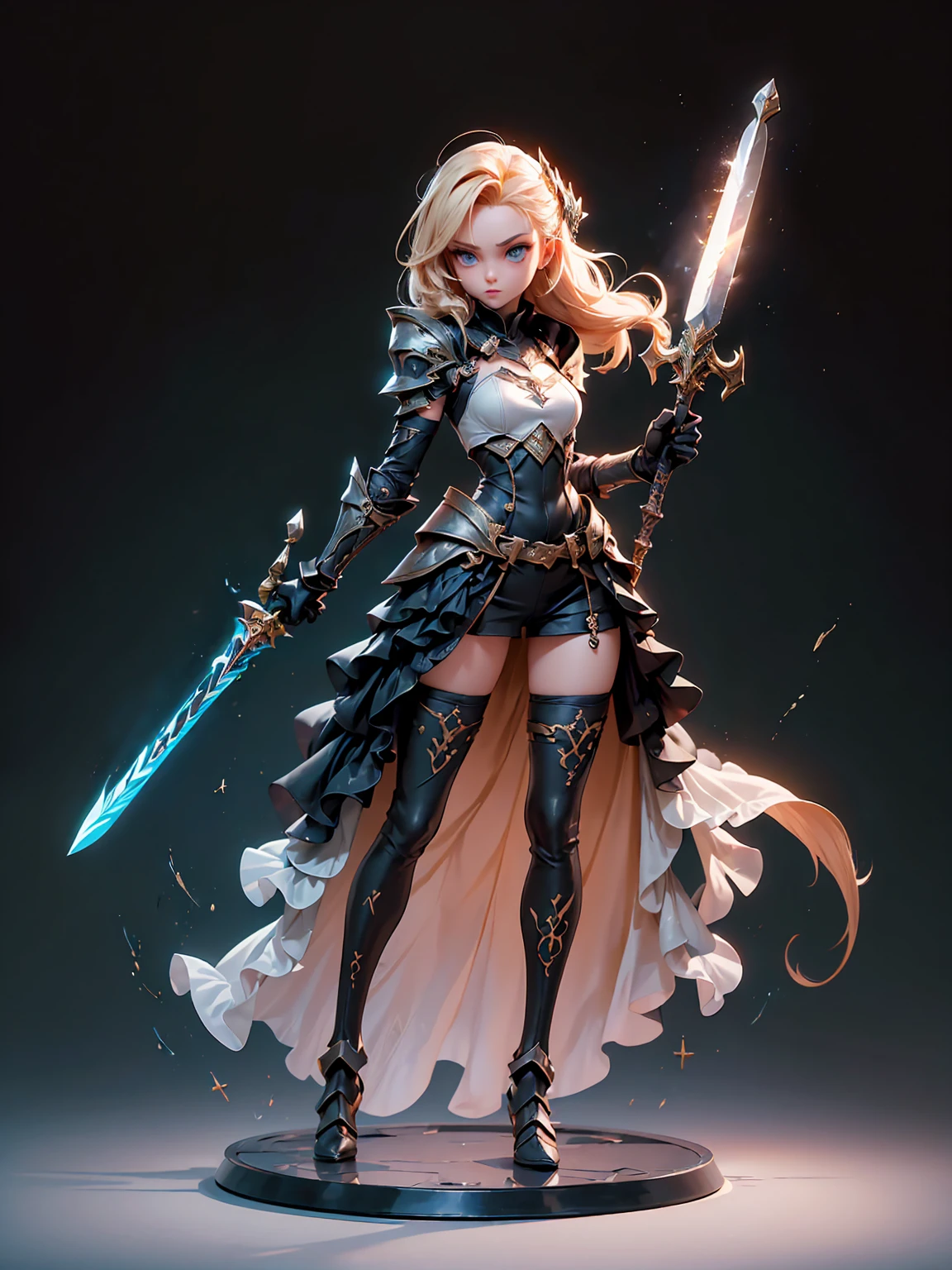 Design a layout showcase Gaming character, (1girl). Golden+Purle clothes, stylish and unique, ((showcase weapon:1.4)), magic staff, (masterpiece:1.2), (best quality), 4k, ultra-detailed, (Step by step design, layout art:1.5), (luminous lighting, atmospheric lighting), magican, ((glove full hands)), (((revealing clothes:1.3))), vambraces, armored legwear, (((full_body_shot:1.4)))
