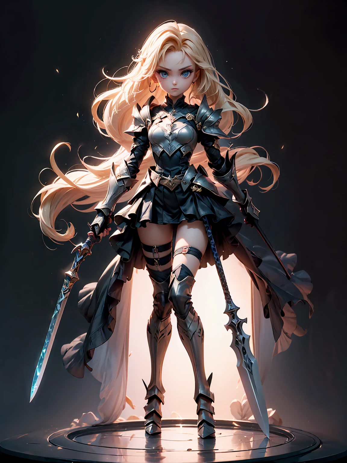 Design a layout showcase Gaming character, (1girl). Golden+Purle clothes, stylish and unique, ((showcase weapon:1.4)), magic staff, (masterpiece:1.2), (best quality), 4k, ultra-detailed, (Step by step design, layout art:1.5), (luminous lighting, atmospheric lighting), magican, ((glove full hands)), (((revealing clothes:1.3))), vambraces, armored legwear, (((full_body_shot:1.4)))

