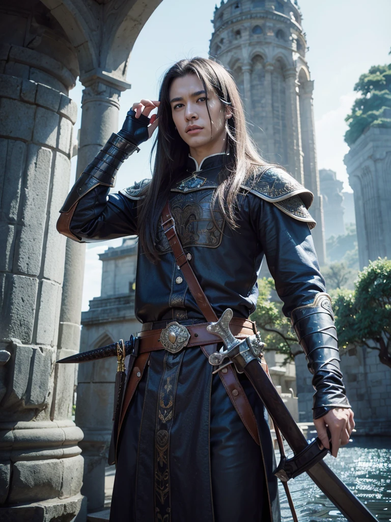a close up of realism a man holding a sword in front of big font, the letter W in behind, looking at viewer, anime wallaper, sword and wand – water, official fanart, by Victor Wang, 4 k detail fantasy, hd anime wallaper, wallpaper 4 k, wallpaper 4k, avatar image, alice x. zhang, 4 k hd wallpaper very detailed, hyperrealistic, epic fantasy style