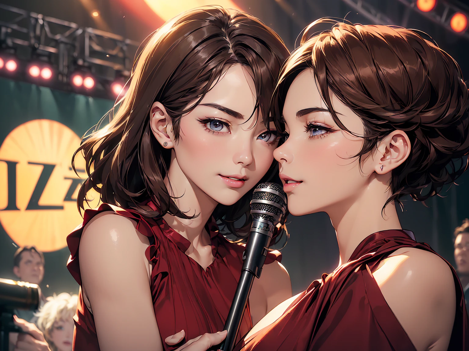 8k、masterpiece, Highest quality, Ultra-high resolution, Highest Resolution, Professional Lighting, Orange lighting、(((Realisticな描写)))、Backlight、(((Dark Stage)))、(((new york)))、(((Small jazz performance stage)))、Spotlight、Antique lighting、indoor、Dim lighting、Nobody is here、(((face focus)))、(((blurry background)))、(((Anime-style depiction)))、((((face))))、((((Close-up of profile))))、(((Beautiful Japanese Mature Women, 40 years old, Functionalな)))、(((sex appeal、Mature Woman、Functional)))、(((Jazz singer)))、(((((Antique long stand microphone)))、(((Hold the microphone with both hands)))、Backlight、(((Dark Stage)))、Antique lighting、indoor、Dim lighting、(((Winking Eyes)))、Beautiful woman, Small face、White skin、Turquoise Eyes、Beautiful eyelashes、Beautiful Eyes、(highlight:1.2)、Cleavage、(((huge breasts)))、 (Detailed face and iace:1 2)、Almond Eye、((short hair))、((smile))、(Thin Hair:1.3)、(Three-dimensional lips、Fuller lipouth half open、smile:1.3) 、(Oval Face : 1.4)、(Realistic skin texture, Realistic))、((Detailed face,Round face contour、Brown Hair))、(((Wine red long dress)))、(((Singing)))