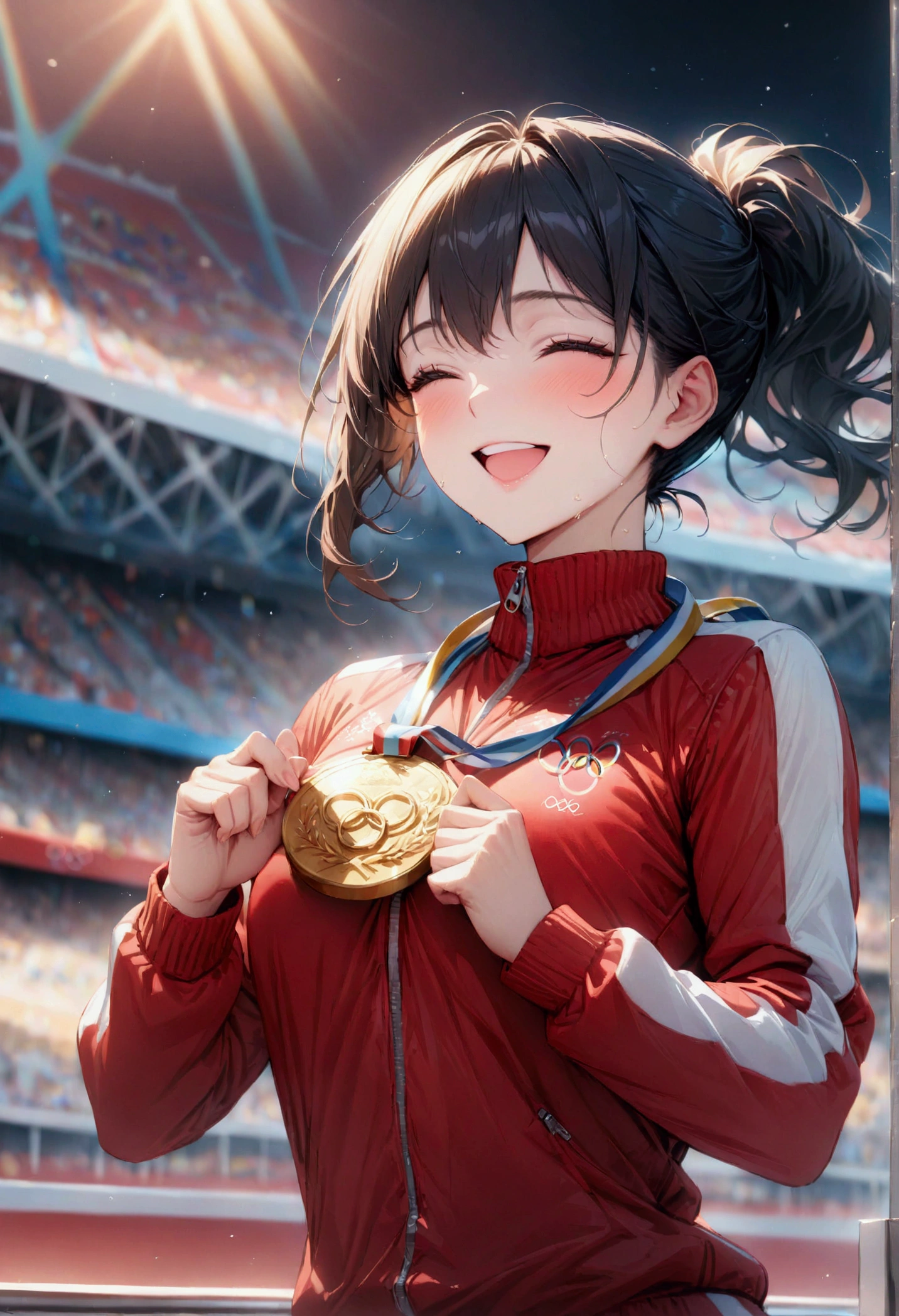awards ceremony, showing the gold medal, happy, (masterpiece:1.2), best quality, high quality, Highres, (hyper detailed), Olympic, athlete, track suit, upper body,