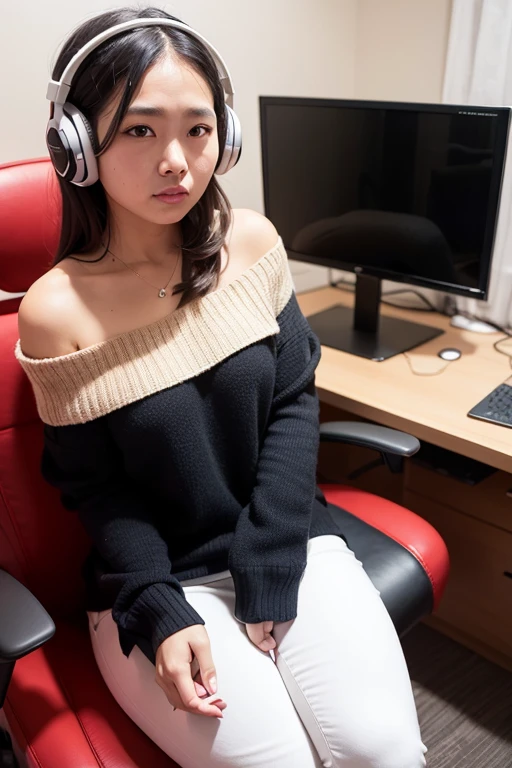 ((best quality)), ((masterpiece)), (detailed), 1girl, off-shoulder sweater, Close shot portrait, professional portrait photograph, An Indonesian woman, long flowing curly hair, wearing a white jeans jacket with torn black accents,Wearing an attractive gaming headset, there is a red and white flag logo on the jacket, Sitting in the gamer room, the monitor screen is slim with a complicated display, displaying the Mobile Legend Gamer Features.Sit on the Gamer Chair, with a red and white color theme. Realistic. UHD