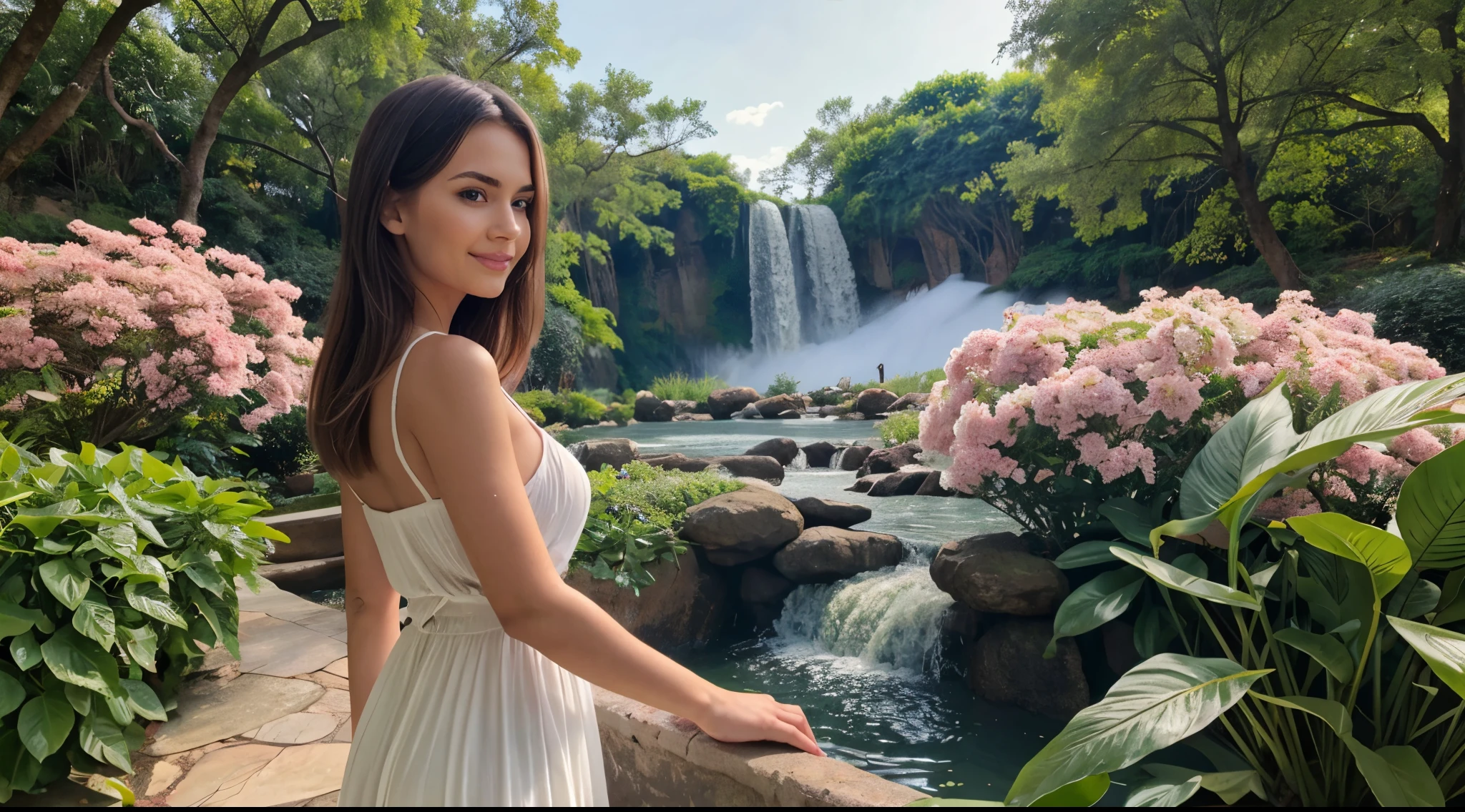 1girl, from side, upper body, medium wide shot, white dress, detailed face, looking at viewer, gentle smile, peaceful vibe, big bouquet, black hair, surrealism, super detail, masterpiece, super details, high quality, dreamy, colorful lush vegetation surface, vibrant flowers, harmonious red hue flower, floating garden, soft glow, ethereal atmosphere, exotic blossoms, misty waterfalls, (30yo), gigantic breasts,