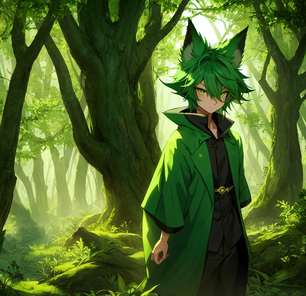 cute green fox boy forest