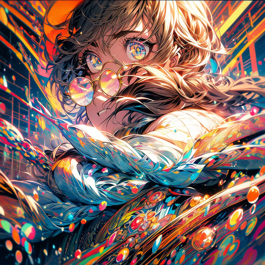 Create an illustration of a woman in her 20s with a well-formed face that still has a somewhat clumsy, rural charm. Depict her with an ecstatic expression as she strokes the horse's back. Set the frame to include the horse's face and body, along with the woman's upper body from the waist up in a cowboy shot. Use colorful fractal art for the background. braided ponytail, brown hair, side ponytail, big hair, expressive hair, hair bell, carrot hair ornament, rimless eyewear, wince, tareme, yellow eyes, ringed eyes, pupils sparkling, heart-shaped eyes, horse ears, fake animal ears, seductive smile, heavy breathing, heart in eye, torogao, naughty face, yandere, excited, Surrealism, Conceptual art, anime, Conceptual art, anime, cowboy shot, lens flare, 8k, super detail, UHD, masterpiece, accurate, accurate, textured skin, textured skin, high details, high quality, award winning, best quality, highres nsfw,one woman,camisole,wedgie,denim,sexy pose,stoop down,tan line,plump body,cute face,thick eyebrows,thin lips,heart shaped pupils,freckles,seductive smile,excited,from front,orangered glasses,high quality,illustration,masterpiece,highly detailed,japanese,