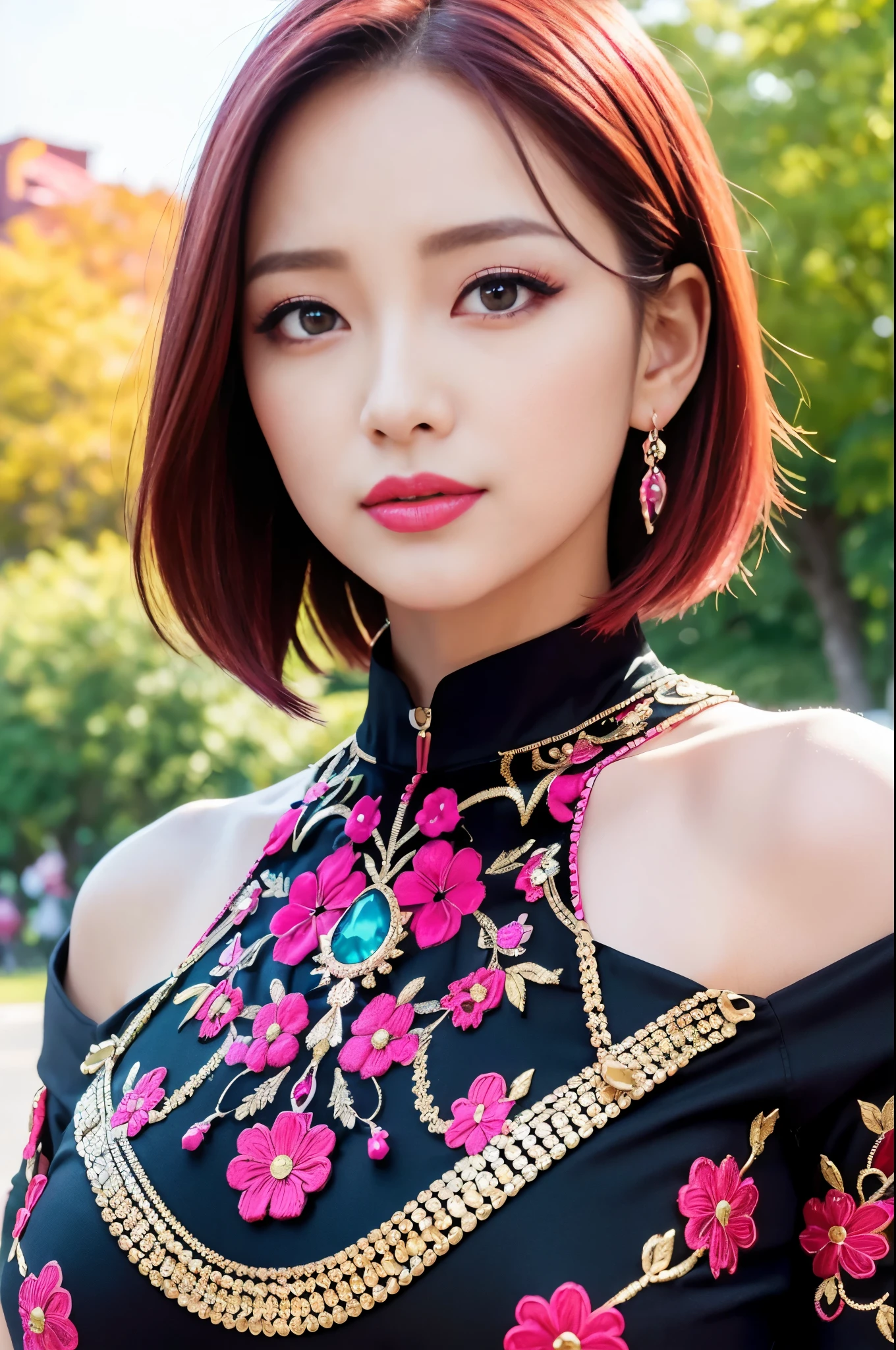 (masterpiece:1.4), (best quality:1.4), ultra high res, ultra high resolution, ((detailed facial features)), HDR, (realistic, photorealistic, photo-realistic:1.37), full body Esbian, sexy Vietnamese model, (-anime), vivid colors, ((vivid colors multicolor (red, fuchsia) very short hair)), (happy smile), lip-gloss, long lashes, ultra detailed metallic makeup, defined eyebrows, wearing large sparkling colorful jewelery, wearing a red silk Paradise Kiss cosplay dress with black floral embroidery, ((vivid colors outfit)), vivid colors, look at the camera, cinematic light, large park background with trees, sweet and sexy pose