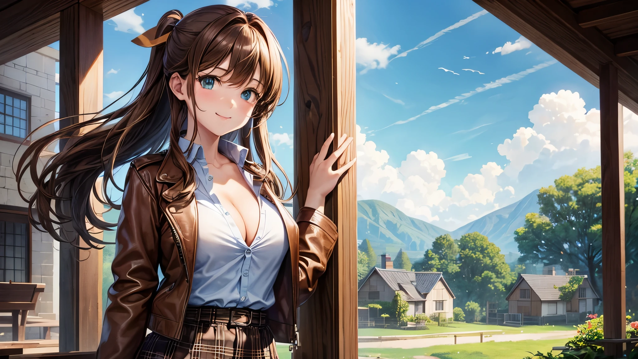 1girl, solo, village house, trees, sun, clouds, ((brown hair)), ponytail, large breasts, ((brown leather jacket)), button down shirt, ((blue checked shirt)), ((unbuttoned shirt)), unbuttoning buttons, cleavage 1:3, green eyes, long skirt, brown boots, smile, happy, looking at the viewer, standing, hair ribbon, golden necklate, wind