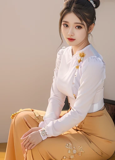 photorealistic, high resolution, masterpiec e best quality ultra-detailed, 1women. (m edium breast), hair bun, jesmine flower o n the head, mature female, solo, hips up, (wearing acmmsayarma outfit, acmmsaya rma ( ♥️ top ) with buttons, long sleeves), ((acmmsayarma 💛 long skirt)