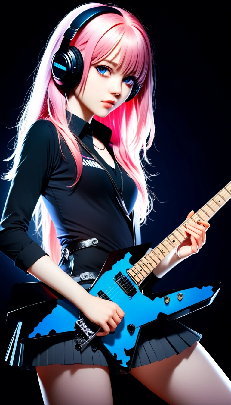 Woman ((ultra realistic)), 21 years old, with a sexy body ((ultra realistic)), pink lips ((realistic)), in a transparent jumpsuit ((realistic)), with a guitar ((realistic)), in tokyo tower.