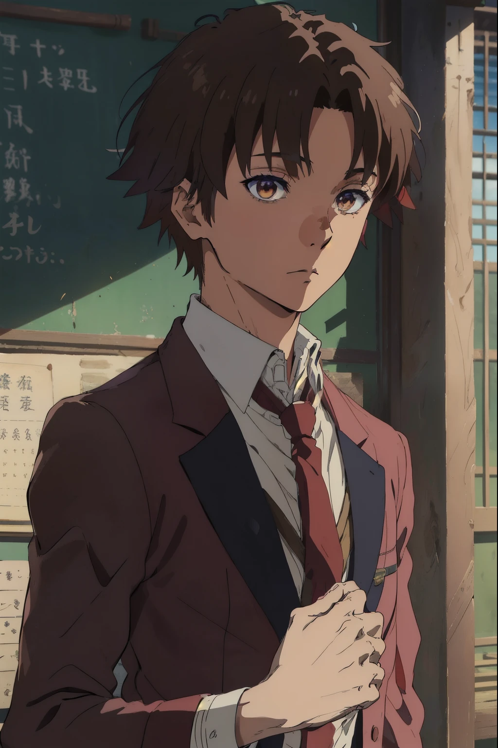 kiyotakaayanokouji, kiyotaka ayanokouji, brown hair, (brown eyes:1.5), male focus, (parted bangs:1.5), short hair,
BREAK , jacket, necktie, blazer, blue necktie, shirt, white shirt, collared shirt, (red blazer:1.5),
BREAK indoors, classroom,
BREAK looking at viewer, (cowboy shot:1.5),
BREAK (masterpiece:1.2), best quality, high resolution, unity 8k wallpaper, (illustration:0.8), (beautiful detailed eyes:1.6), extremely detailed face, perfect lighting, extremely detailed CG, (perfect hands, perfect anatomy),