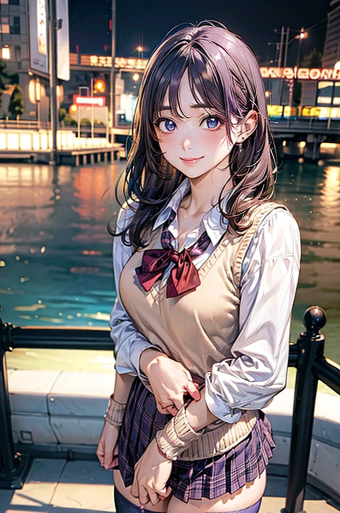 (masterpiece:1.2, Highest quality), (Realistic, photoRealistic:1.4), Beautiful illustrations, (Natural Side Lighting, Cinema Lighting), View your viewers, Cowboy Shot, Front view:0.6, 1 girl, Japanese, high school girl, Perfect Face, Cute and symmetrical face, Glowing Skin, (Mid-length hair:1.5, short hair:1.4, Purple Hair), Parted bangs, Light blue eyes, Long eyelashes, (Large Breasts:0.9, Thick thighs), Beautiful Hair, Beautiful Face, Beautiful attention to detail, Beautiful clavicle, Beautiful body, Beautiful breasts, Beautiful thighs, Beautiful feet, Beautiful fingers, ((Light blue long sleeve shirt, Blue checked pleated mini skirt, socks, Brown Loafers, Red bow tie, Beige knitted vest)), Pink Panties, (Beautiful views), evening, River side, walk, Place your hand on your chest, (Cute smile )