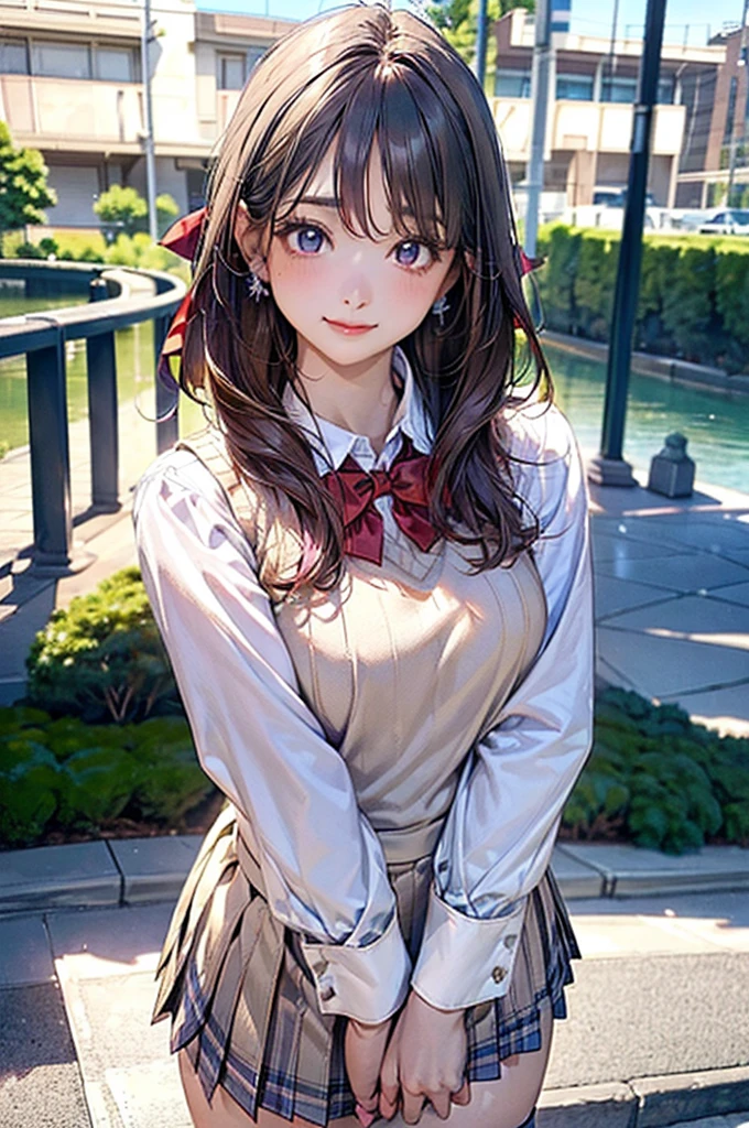 (masterpiece:1.2, Highest quality), (Realistic, photoRealistic:1.4), Beautiful illustrations, (Natural Side Lighting, Cinema Lighting), View your viewers, Cowboy Shot, Front view:0.6, 1 girl, Japanese, high school girl, Perfect Face, Cute and symmetrical face, Glowing Skin, (Mid-length hair:1.5, short hair:1.4, Purple Hair), Parted bangs, Light blue eyes, Long eyelashes, (Large Breasts:0.9, Thick thighs), Beautiful Hair, Beautiful Face, Beautiful attention to detail, Beautiful clavicle, Beautiful body, Beautiful breasts, Beautiful thighs, Beautiful feet, Beautiful fingers, ((Light blue long sleeve shirt, Blue checked pleated mini skirt, socks, Brown Loafers, Red bow tie, Beige knitted vest)), Pink Panties, (Beautiful views), evening, River side, walk, Place your hand on your chest, (Cute smile )