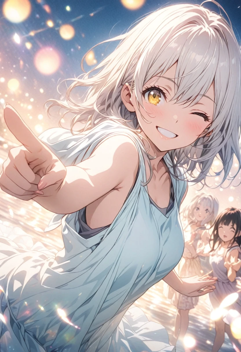 masterpiece, Highest quality, Highly detailed CG Unity 8K wallpapers, High  Girl Anime Illustration. Wear an oversized tank top, Hooded、Koi Dance, Pointing the index fingers of both hands, she has her eyes closed and mouth open, smile. The background is a light pastel colored landscape.., white hair color, Yellow Eyes, bokeh photography, (soft focus):1.2, out-of-focus highlights, dreamy ambiance, glowing circles, mesmerizing depth, The background is a realistic landscape