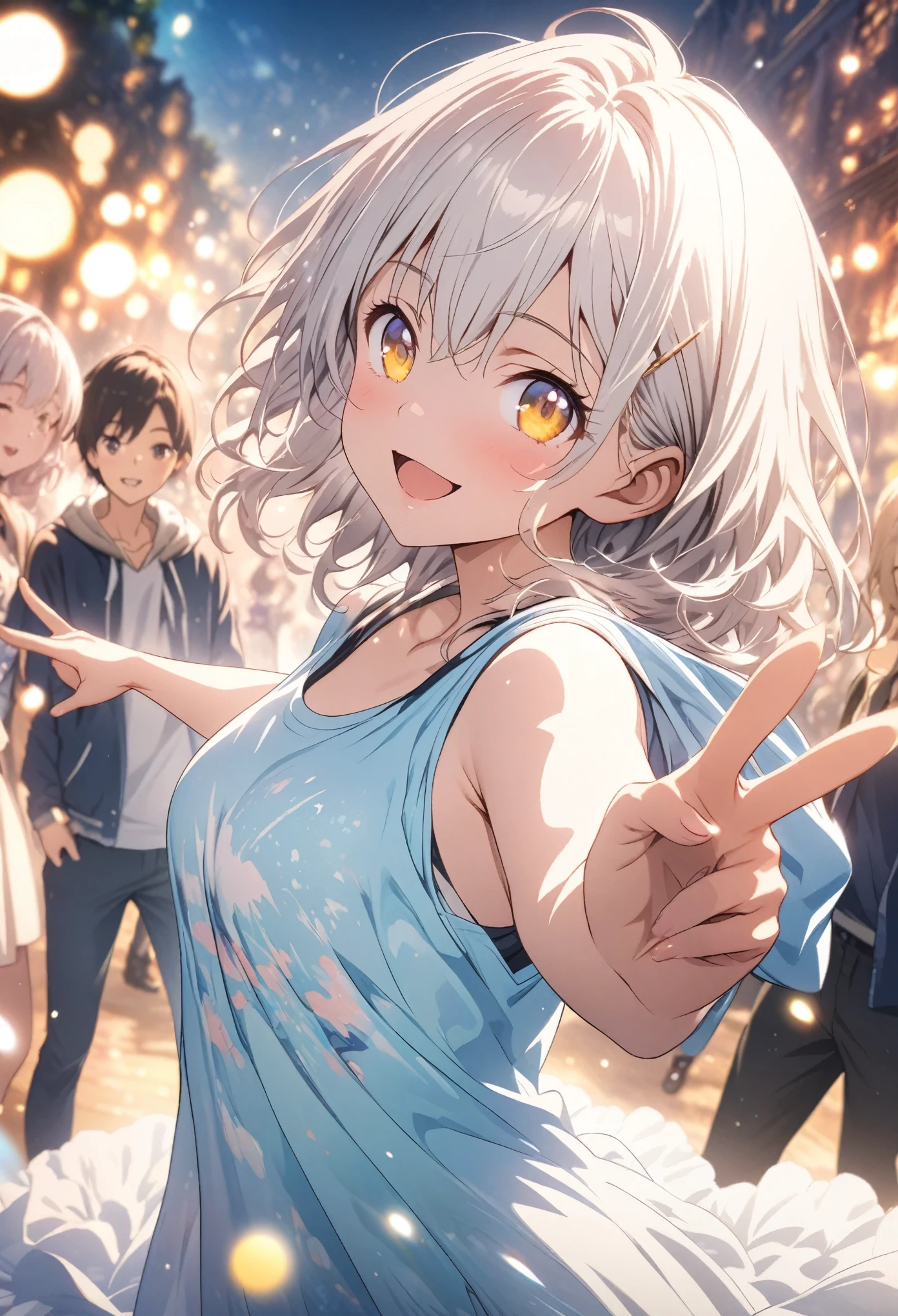 masterpiece, Highest quality, Highly detailed CG Unity 8K wallpapers, High School Girl Anime Illustration. Wear an oversized tank top, Hooded、Koi Dance, Pointing the index fingers of both hands, she has her eyes closed and mouth open, smile. The background is a light pastel colored landscape.., white hair color, Yellow Eyes, bokeh photography, (soft focus):1.2, out-of-focus highlights, dreamy ambiance, glowing circles, mesmerizing depth, The background is a realistic landscape