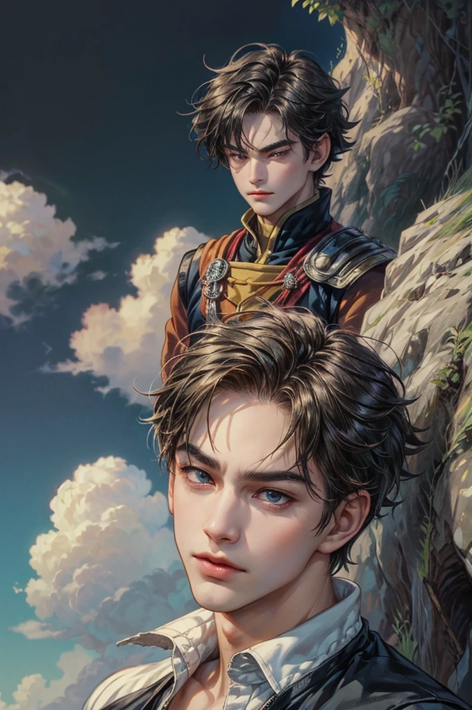 ((Best quality)), ((masterpiece)), (detailed), ((perfect face)), ((halfbody)) handsome face, male, boy, perfect proportions , a character from anime Dragon ball Z, akira toriyama art style, short hair, male version , detailed ghibli interior scenery background