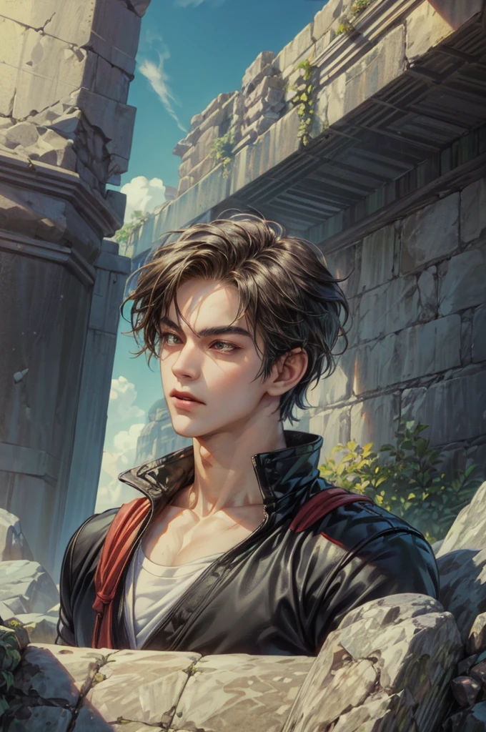 ((Best quality)), ((masterpiece)), (detailed), ((perfect face)), ((halfbody)) handsome face, male, teen boy,  perfect proportions , a character from anime Dragon ball Z, akira toriyama art style, short hair, male version , detailed ghibli interior scenery background 