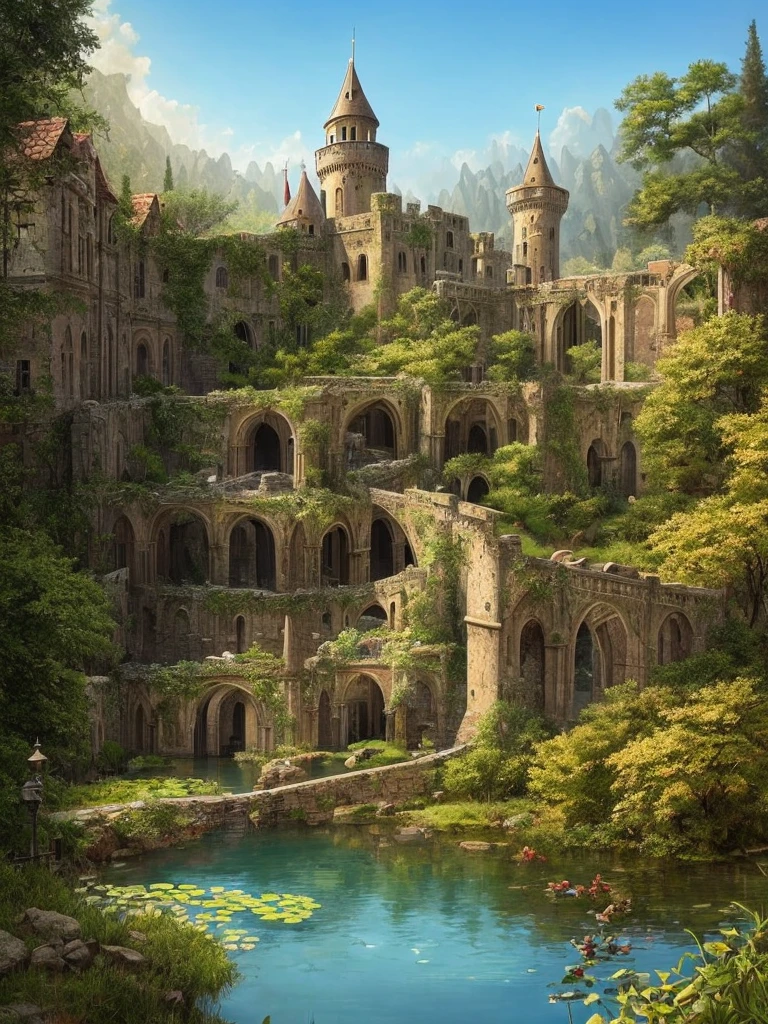 arafed castle with a pond and a bridge in front of it, a matte painting by Karl Hagedorn, flickr, renaissance, abandoned castle, located in a castle, beautiful castle, very far royal steampunk castle, abandoned castle in the sky, victorian castle, gothic castle, fantasy castle, fantasy setting, medieval castle, scarry castle)). mystical