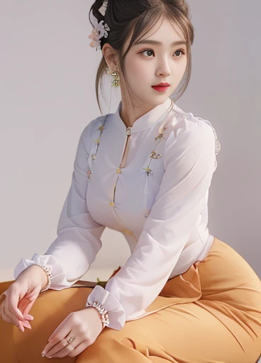 photorealistic, high resolution, masterpiec e best quality ultra-detailed, 1women. (m edium breast), hair bun, jesmine flower o n the head, mature female, solo, hips up, (wearing acmmsayarma outfit, acmmsaya rma ( ♥️ top ) with buttons, long sleeves), ((acmmsayarma 💛 long skirt)